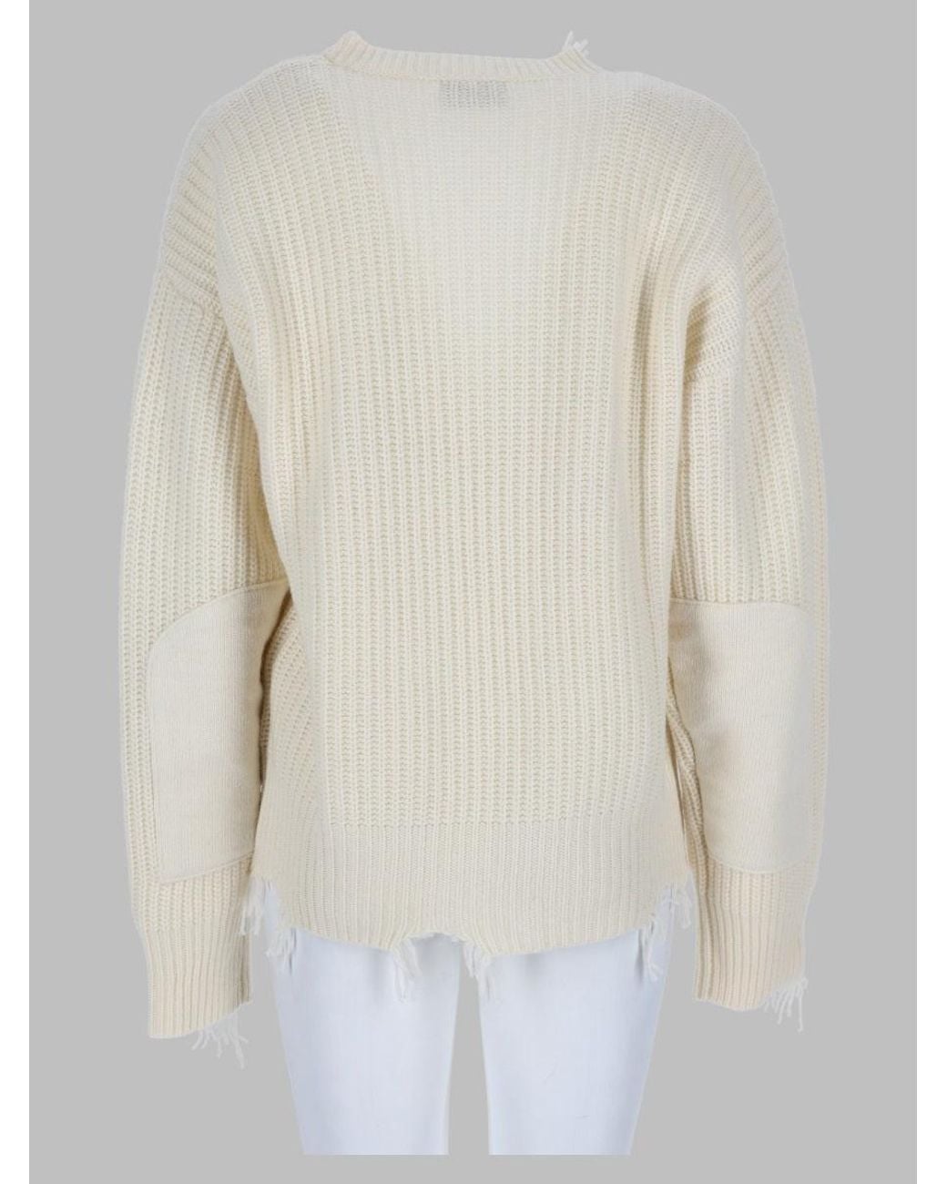 AMISH White Fringed V-Neck Ribbed Sweater