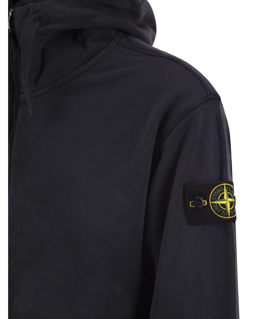 Stone Island Blue Cotton Hooded Zip-Up Sweatshirt