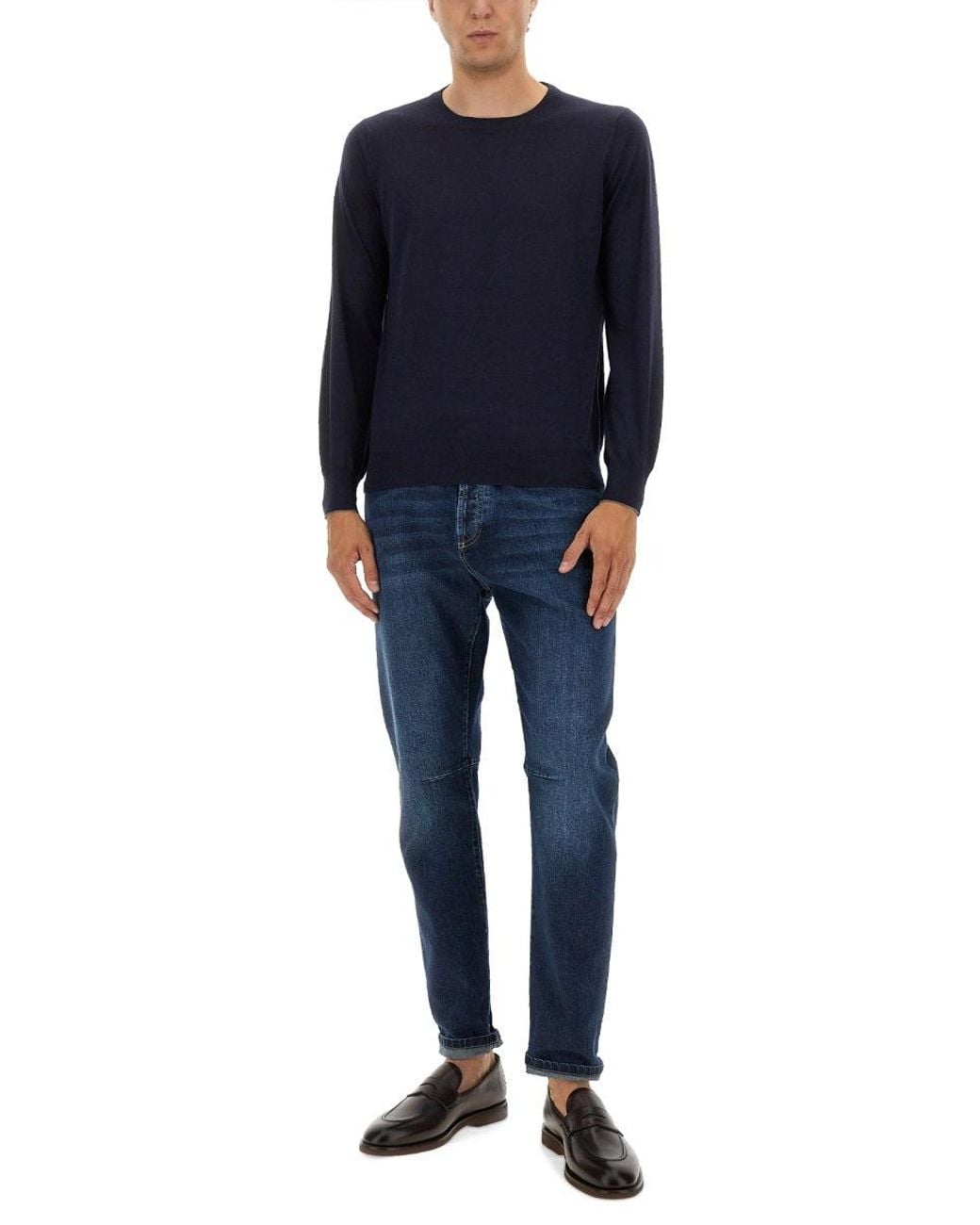 Brunello Cucinelli Blue Wool Crew Neck Sweater for men