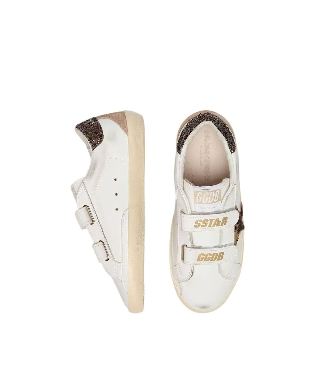 Golden Goose Deluxe Brand White Sneakers Old School Leather Upper Tongue And Strap Horsy Star Suede Spur Glitter Heel/Leopard