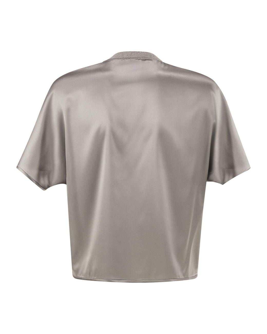 Peserico Gray Stretch Silk Blouse With Lurex Knit Neckline