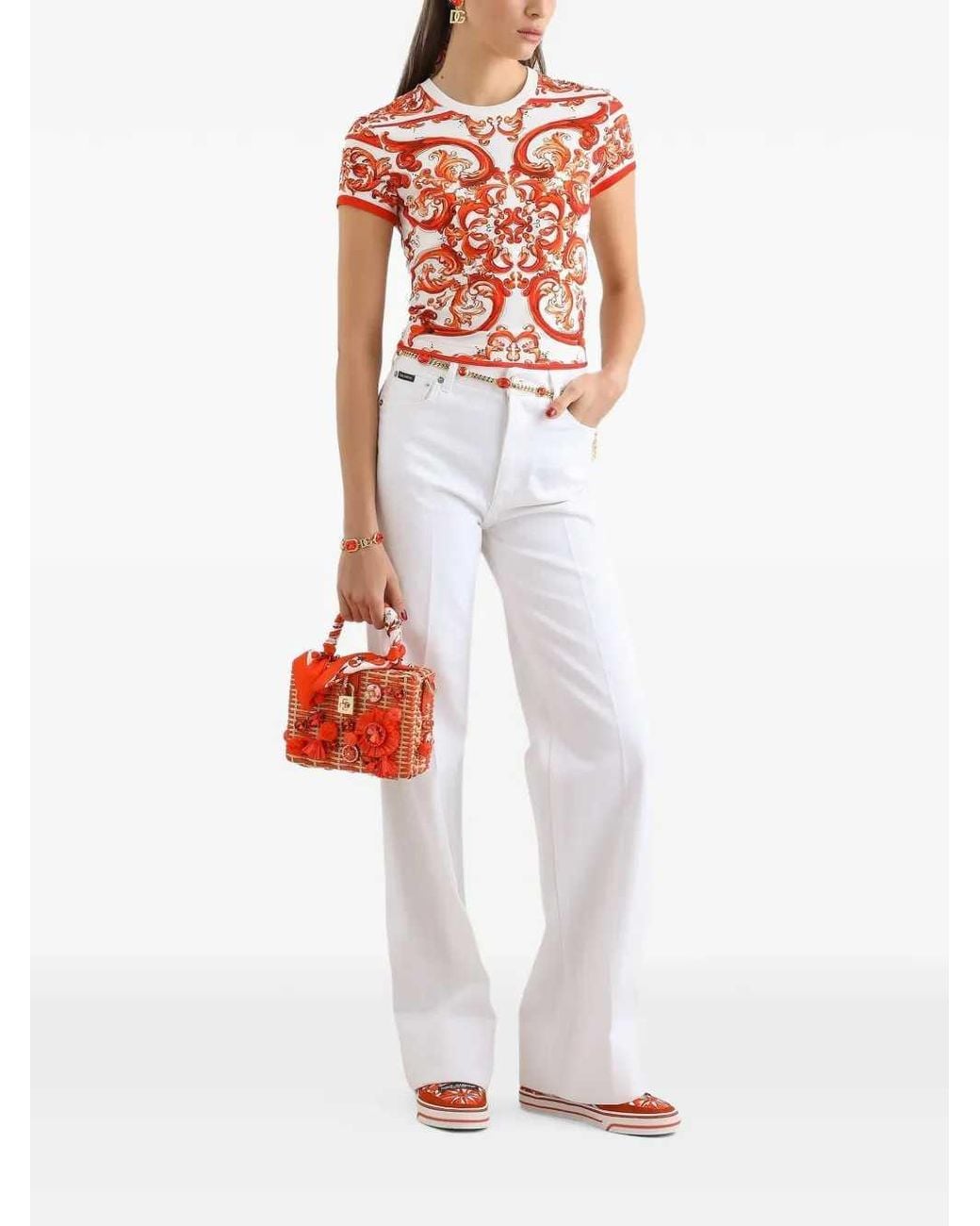 Dolce & Gabbana Red Dolce & Gabbana Jersey T-Shirt With Majolica Print