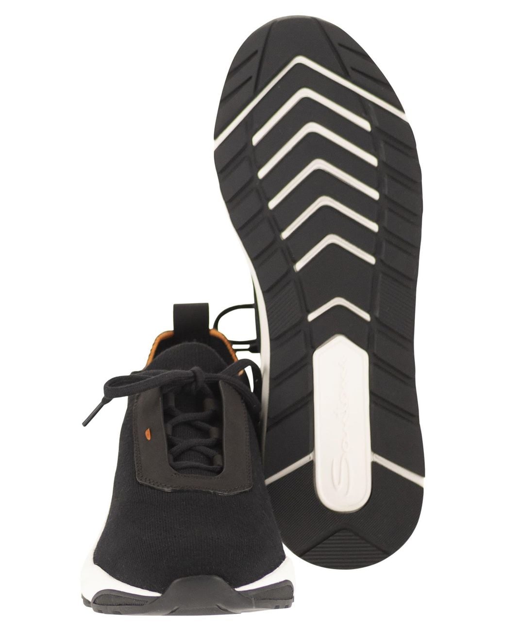 Santoni Black Textile And Leather Trainers With Raised Sole for men