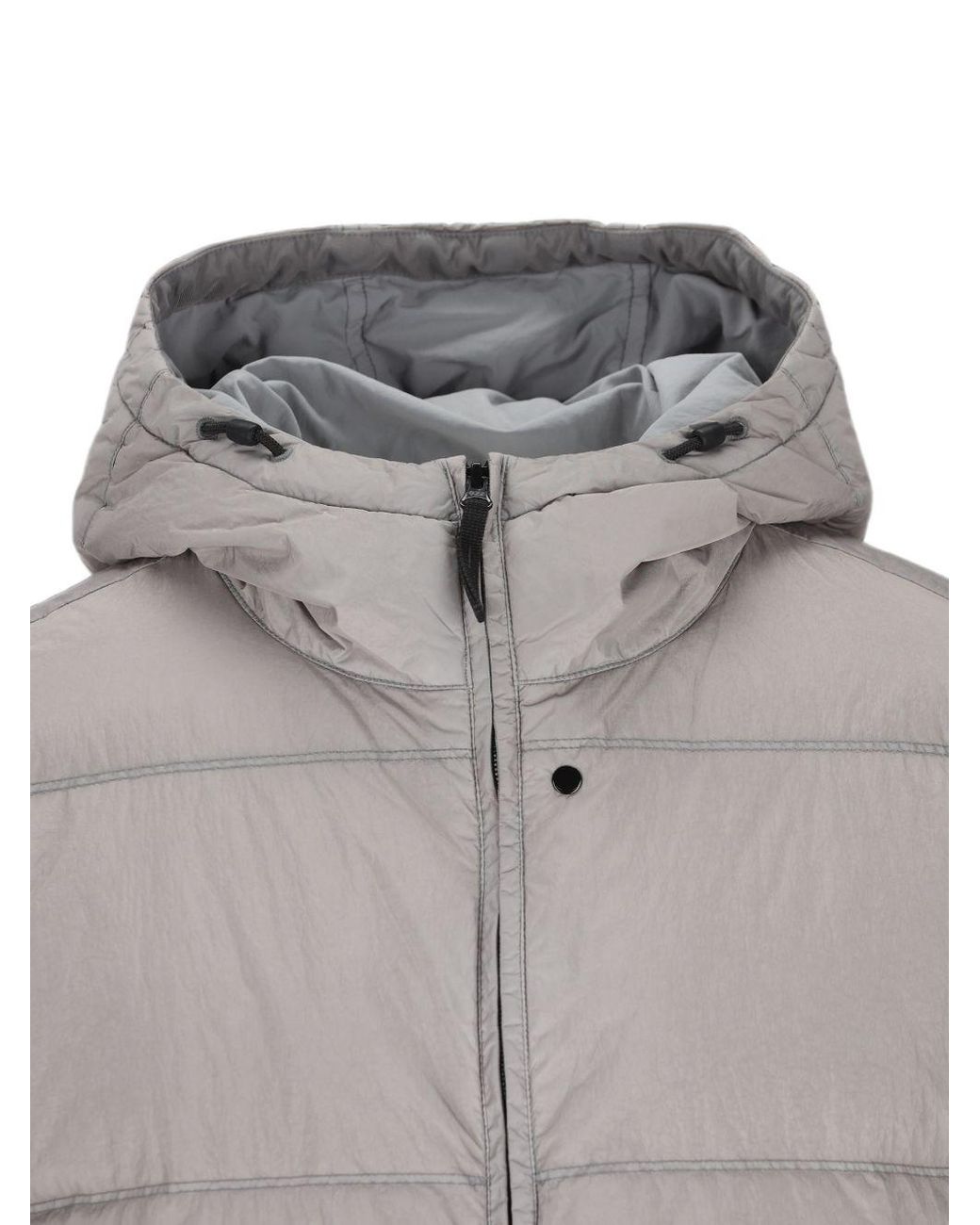 Stone Island Gray Hooded Puffer Jacket With Double-Adjustable Drawstring, Slanted Snap Pockets & Two-Way Zip for men