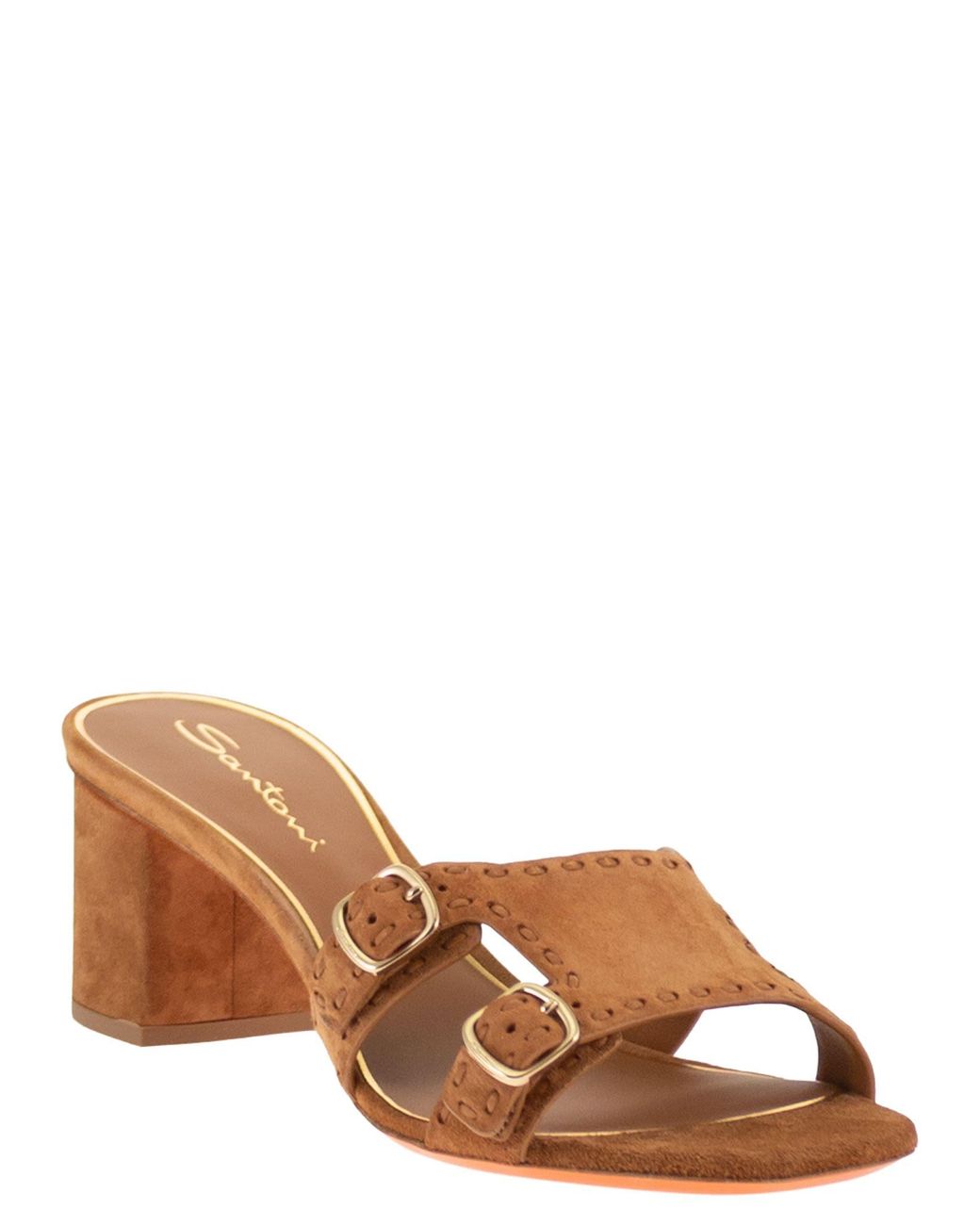Santoni Brown Suede Mule Sandals With Double Buckle And Block Heel