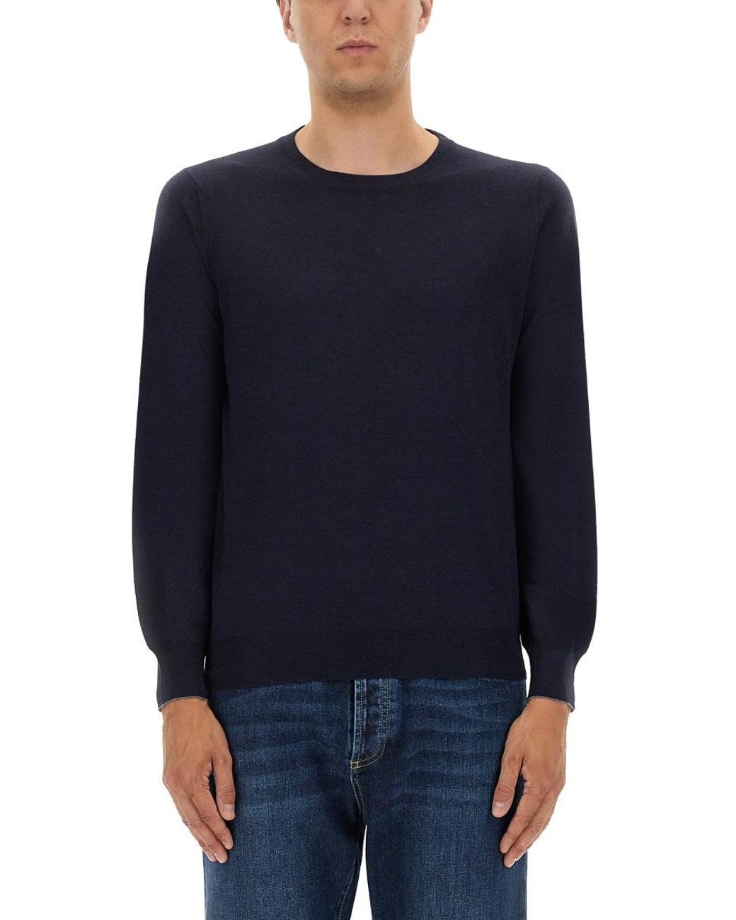 Brunello Cucinelli Blue Wool Crew Neck Sweater for men