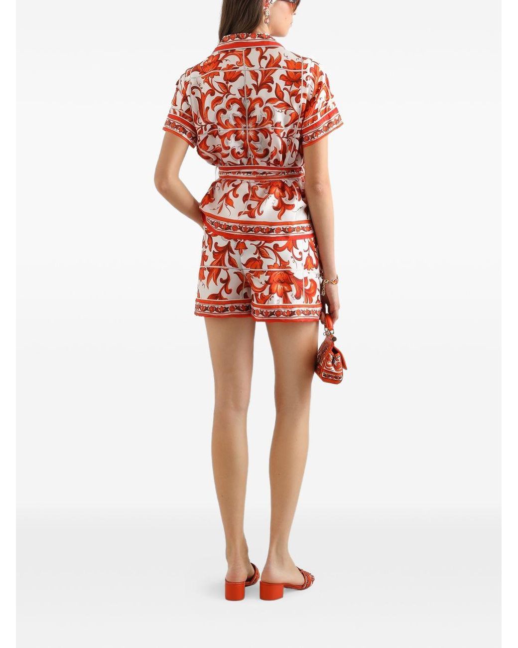 Dolce & Gabbana Red Majolica-Print Silk Bermuda
