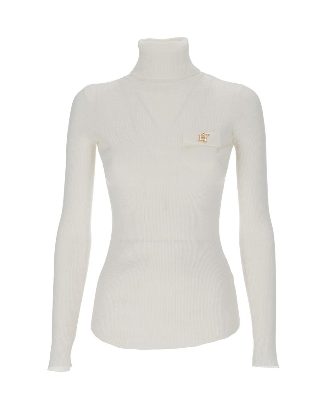 Elisabetta Franchi White Fitted Long-Sleeve Knit Top With High Turtleneck
