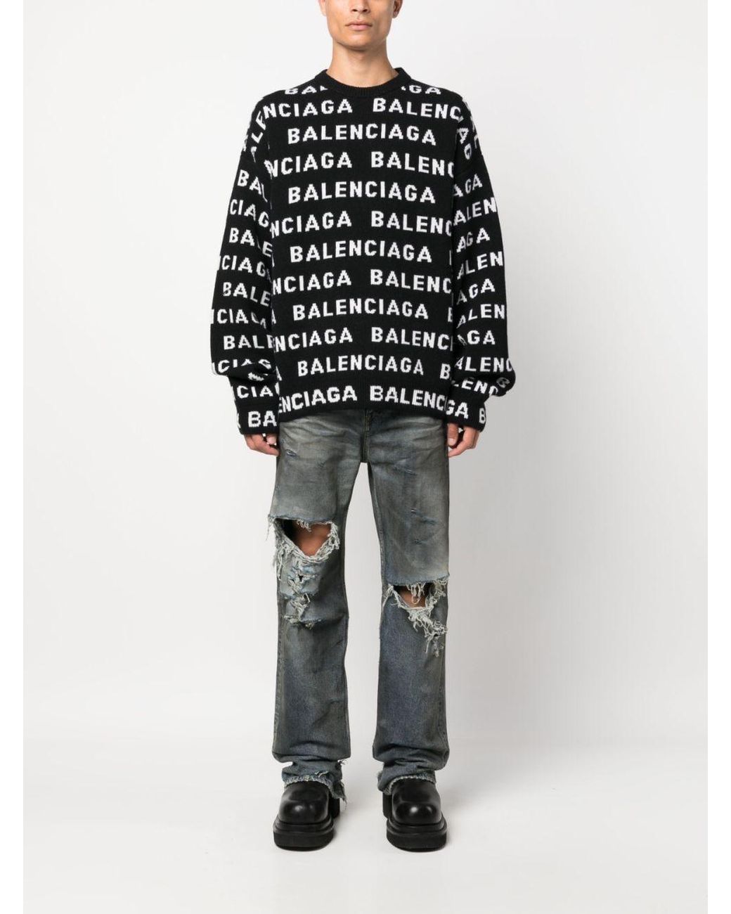 Balenciaga Black Allover Logo Crewneck Sweater for men
