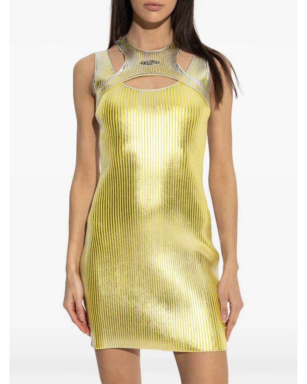 Casablanca Yellow Mini Dress With Cutouts And Metallic Print