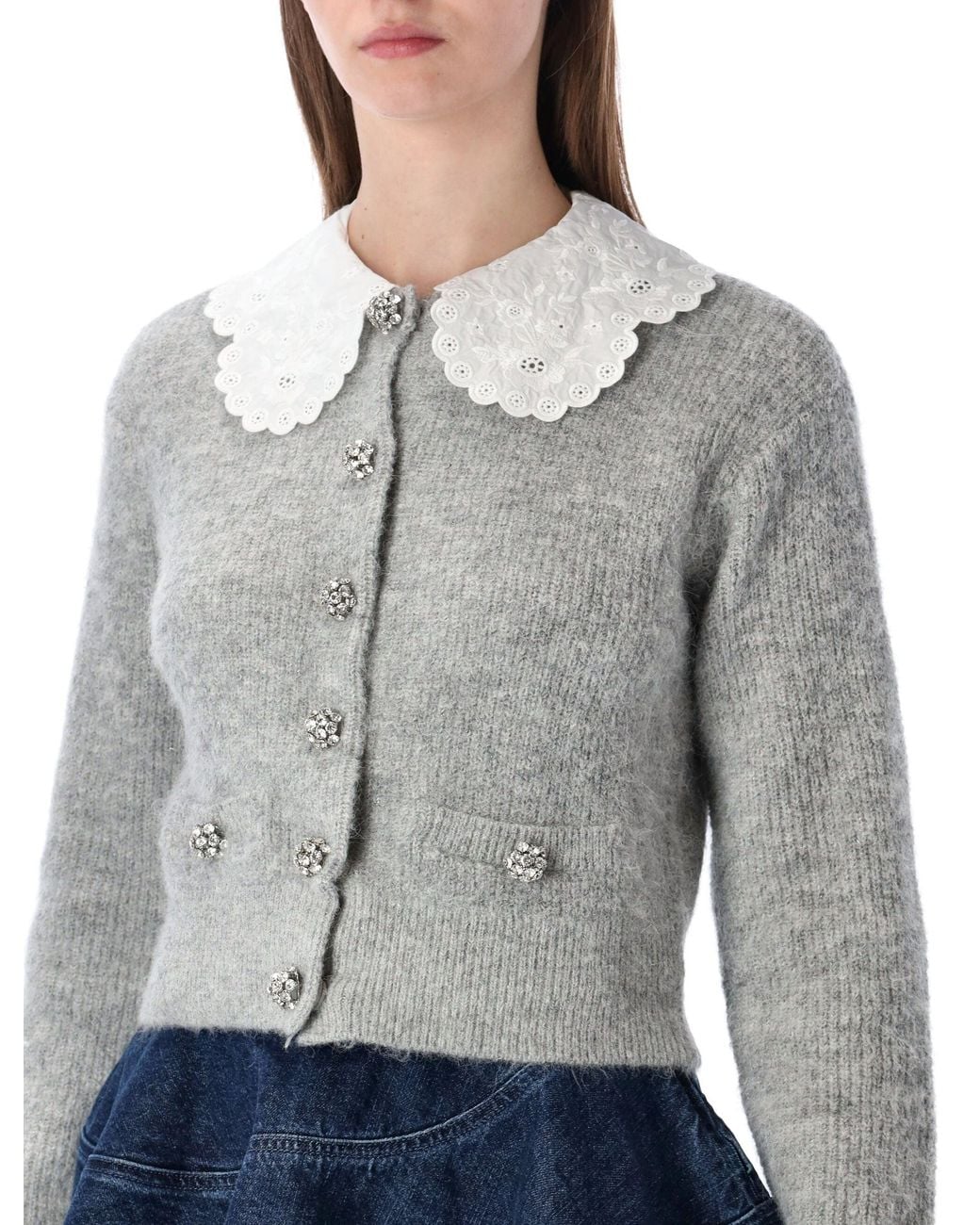 Self-Portrait Blue Fluffy Sangallo Collar Button Cardigan Sweater