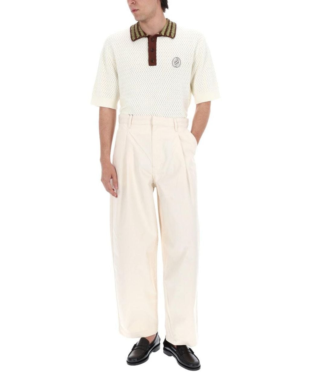 Drole de Monsieur Natural Pleated Wide-Leg Cotton Trousers for men