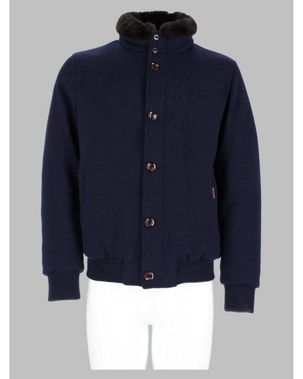 Moorer Blue Wool-Blend Button Front Jacket With Fur Trim Collar for men