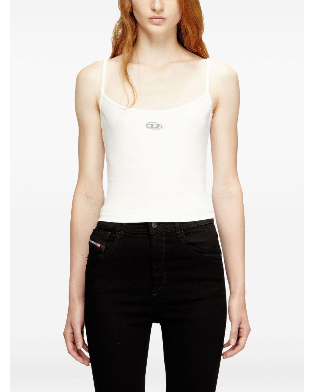 DIESEL White Ribbed Stretch Cotton Top With Metallic Oval D Logo