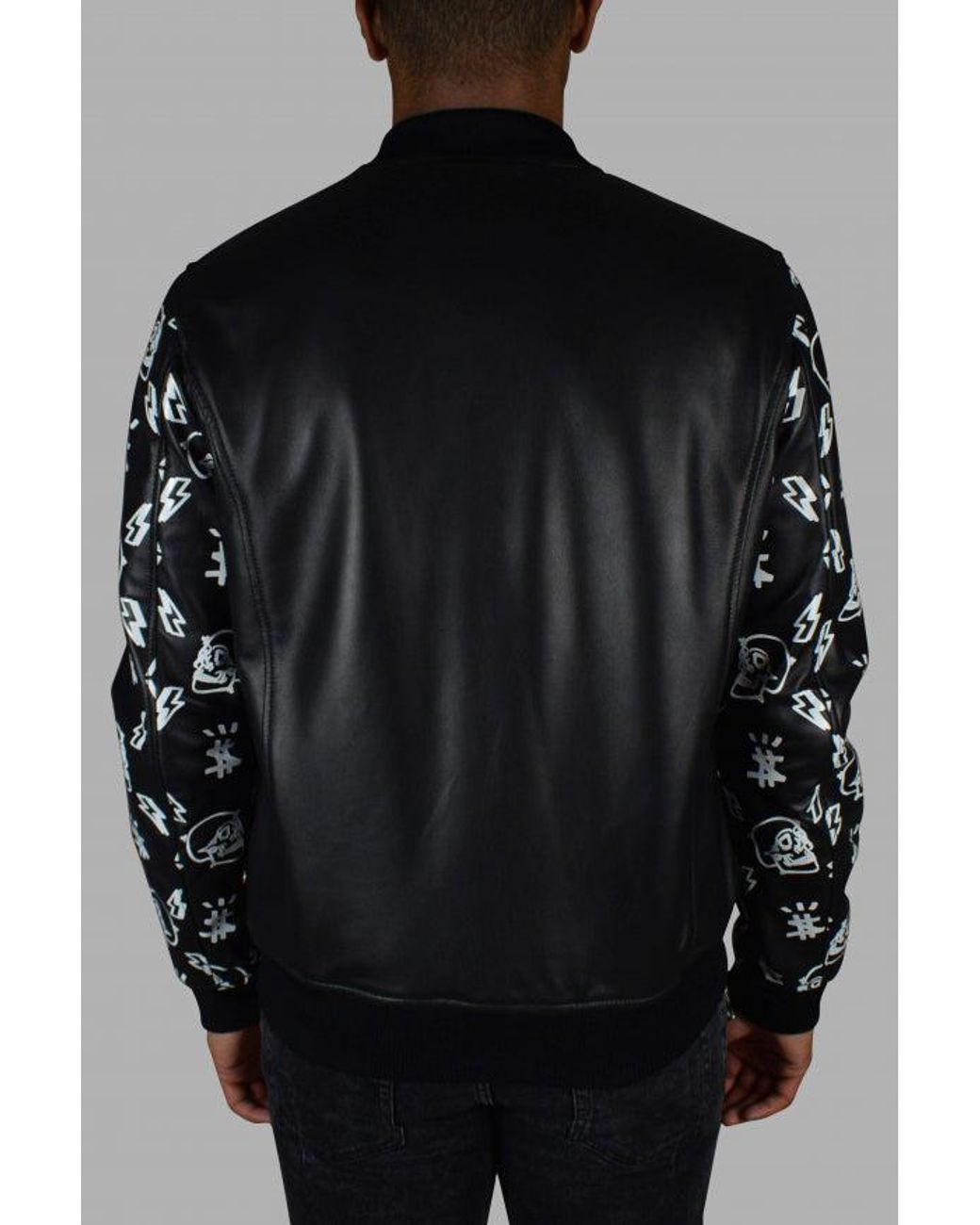 Philipp Plein Black Leather Bomber Jacket With Graphic Sleeves