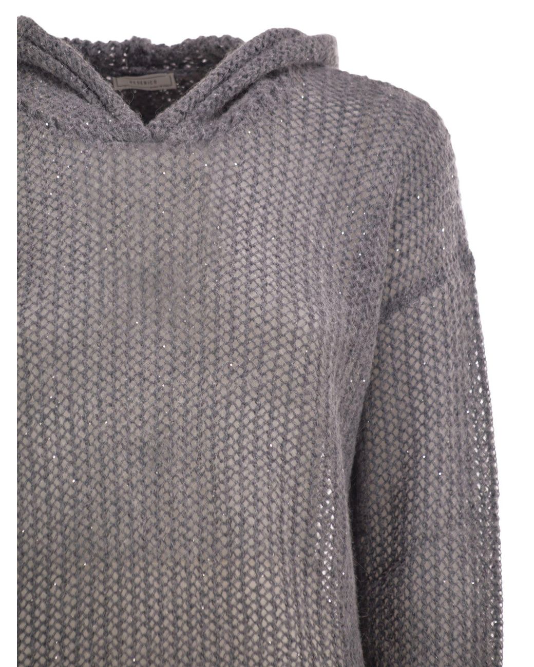 Peserico Gray Hooded Open-Knit Jumper With Sequins