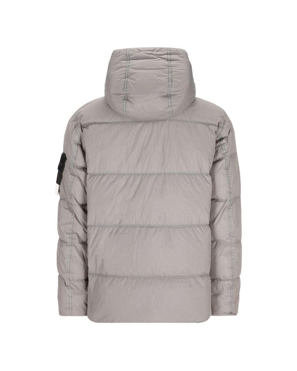 Stone Island Gray Hooded Puffer Jacket With Double-Adjustable Drawstring, Slanted Snap Pockets & Two-Way Zip for men