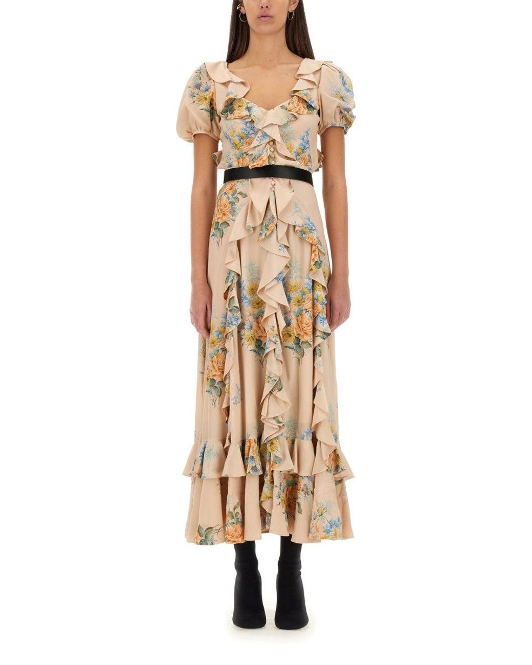 McQueen Metallic Floral Print Ruched Silk Dress