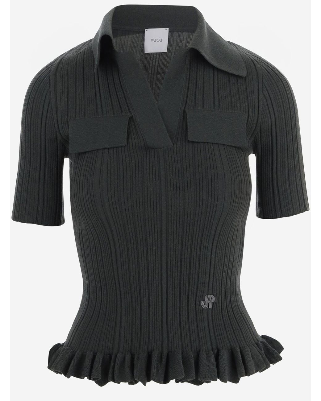 Patou Black Sweater With Ruffles Stretch Wool Blend Merino
