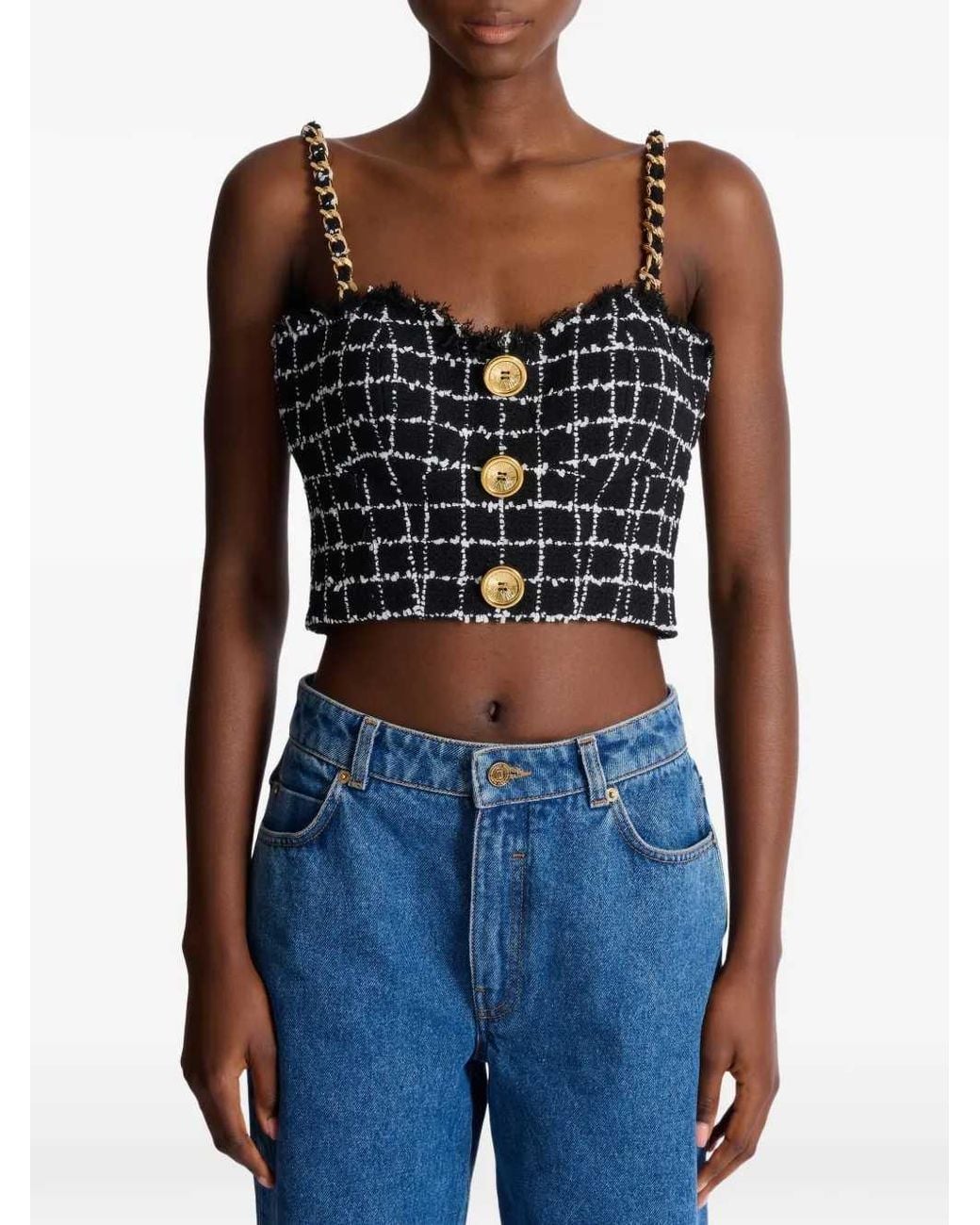 Balmain Blue Tweed Top With Shoulder Straps