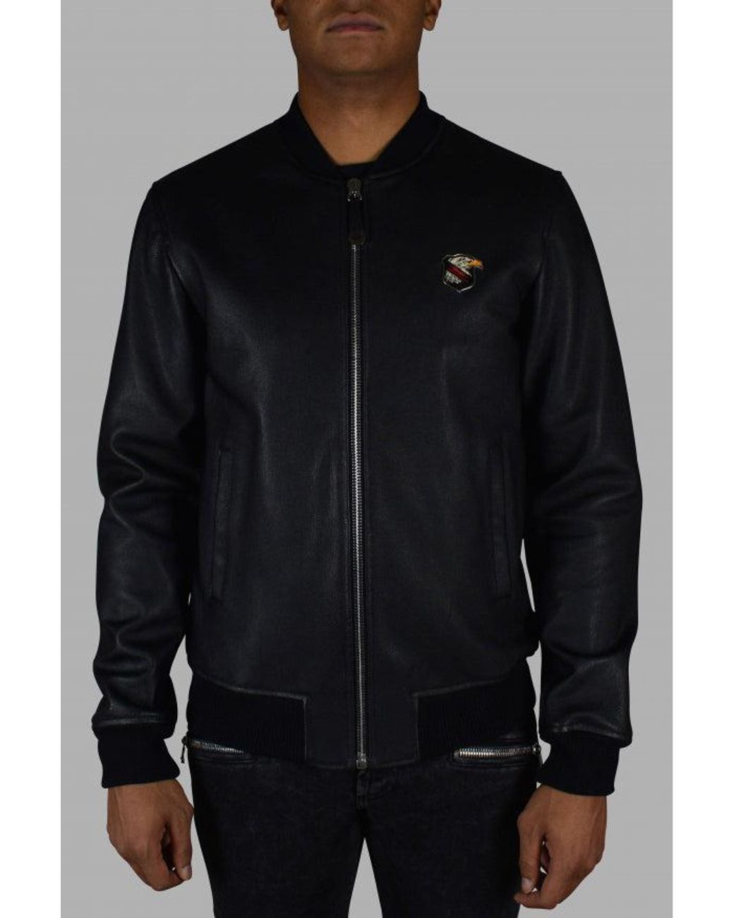 Philipp Plein Black Leather Bomber Jacket With Crest