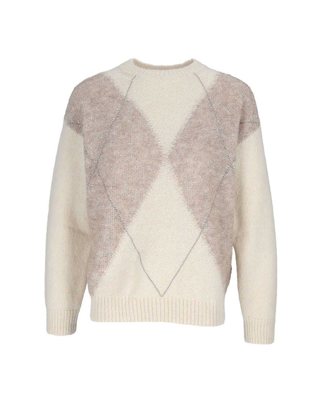 Peserico White Knitted Sweater Diamond Pattern Sweater