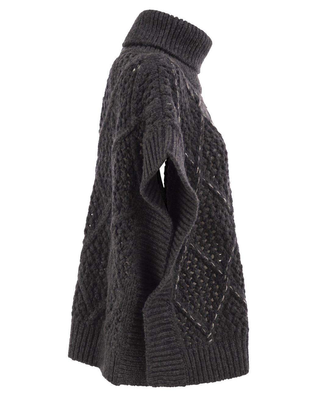 Peserico Black Virgin Wool Openwork Knit Roll-Neck Poncho