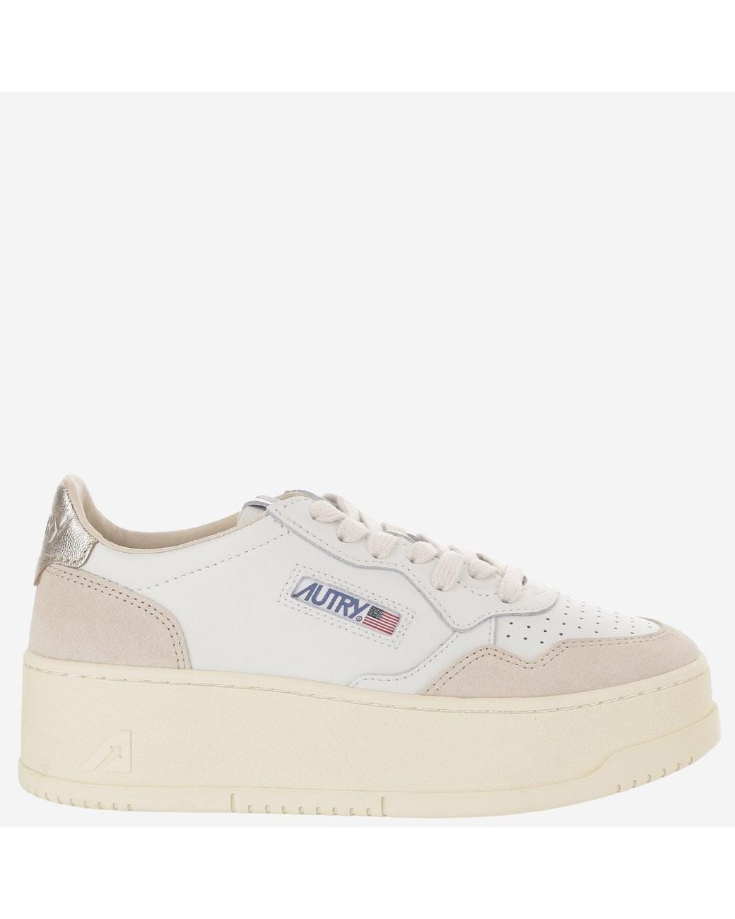 Autry White Medalist Platform Low Leather Sneakers With Suede Inserts