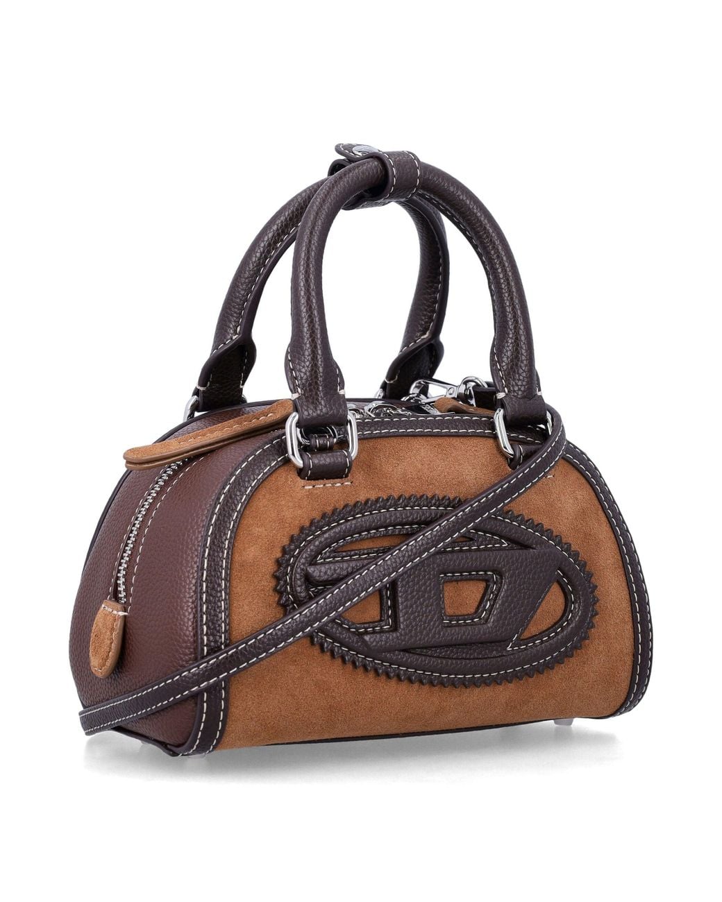 DIESEL Brown Logo Embellished Top Handle Satchel