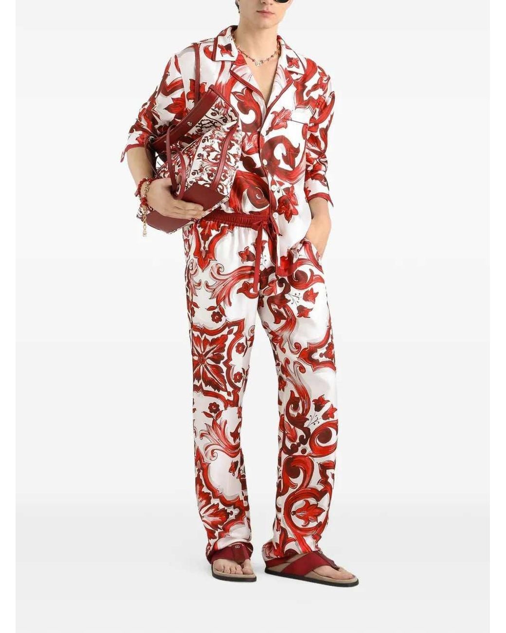 Dolce & Gabbana Red Dolce & Gabbana Twill Vanity Trousers With Majolica Print for men