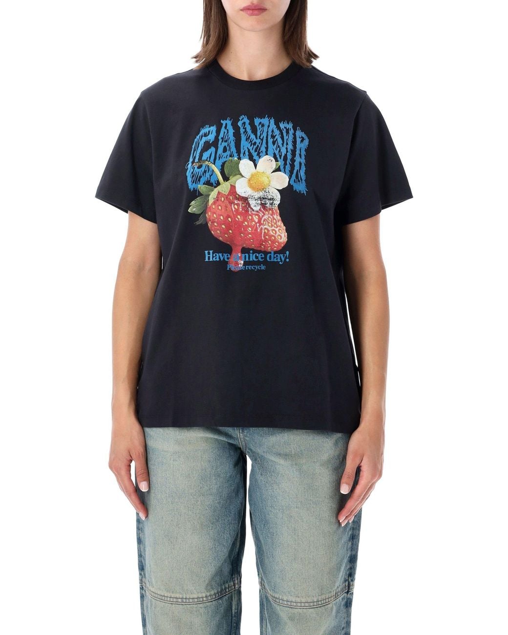 Ganni Blue Graphic Cotton T-Shirt