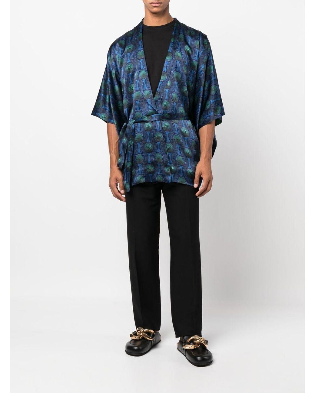 OZWALD BOATENG Blue Printed Silk Short Kimono for men