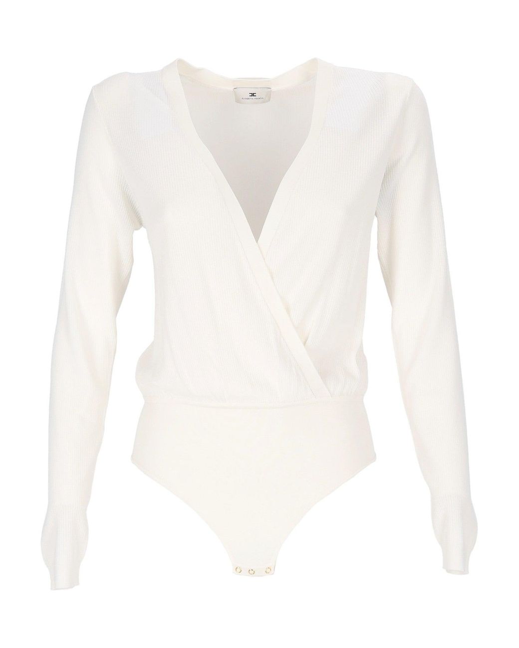 Elisabetta Franchi White Long-Sleeved Bodysuit With Deep V-Neckline And Ribbed Texture