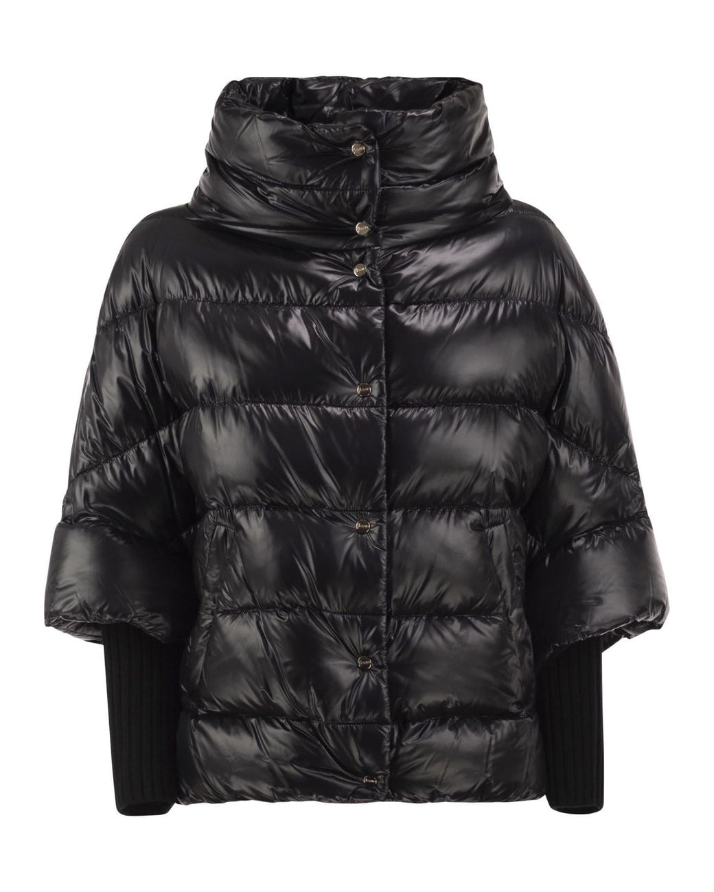 Herno Black Padded Jacket With High Collar And Knitted Cuffs