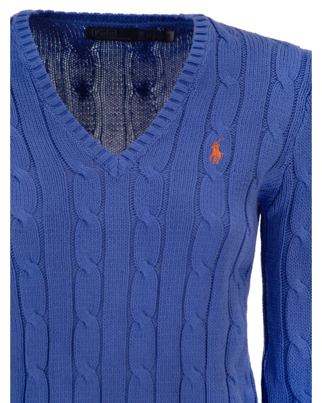 Polo Ralph Lauren Blue Cotton Cable Knit Jumper With V-Neck