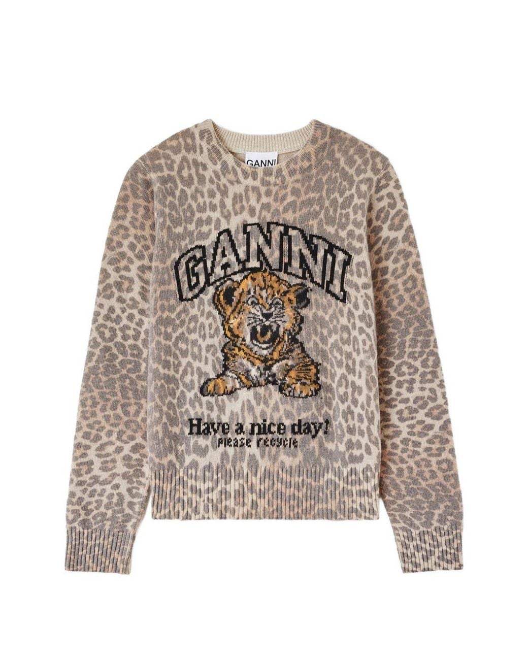 Ganni White Tiger-Print Intarsia-Knit Sweater