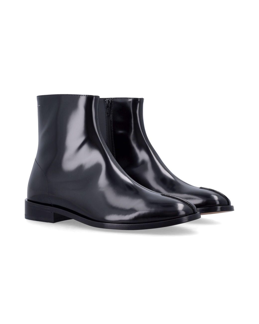 MM6 by Maison Margiela Blue Signature- Stitch Glossy Leather Ankle Boots For With Side Zip And Low Stacked Heel for men