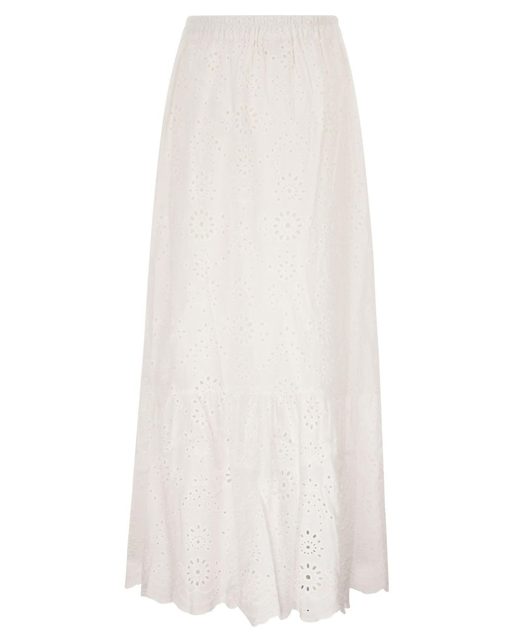 Mc2 Saint Barth White Long Linen And Cotton Broderie Anglaise Skirt