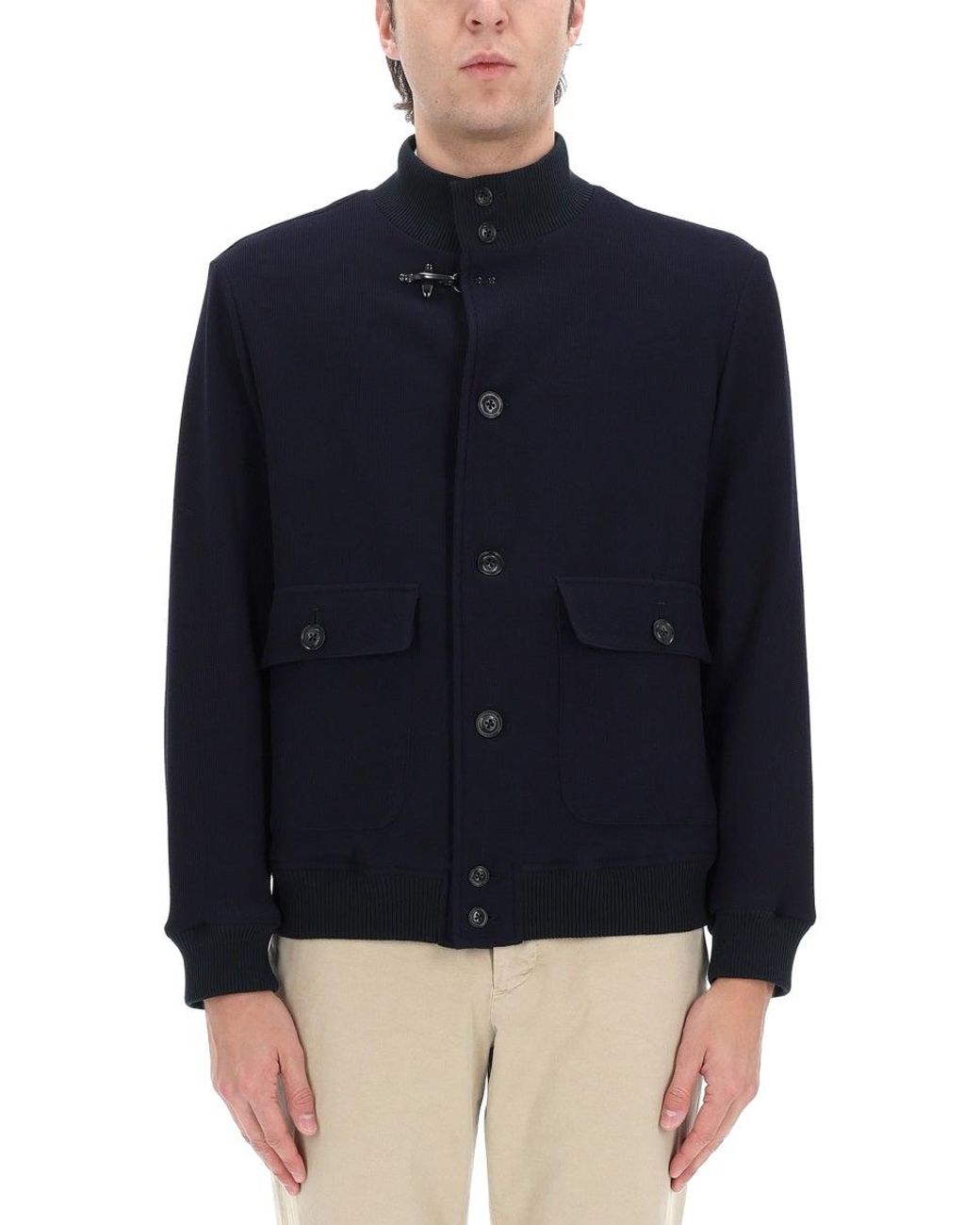 Fay Blue Wool-Blend Button Front Knit Jacket for men