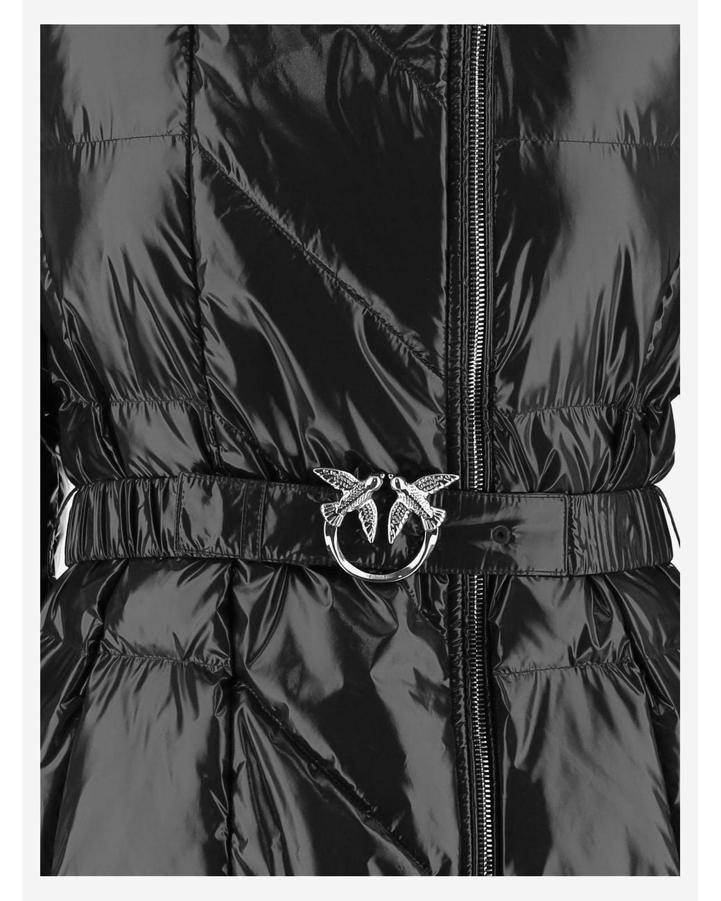 Pinko Black Glossy Quilted Puffer Coat With Decorative Buckle And Hood