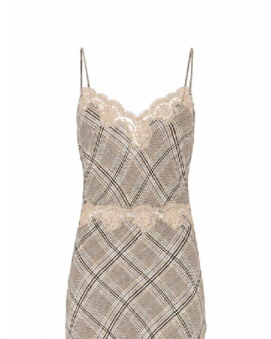 Ermanno Scervino Natural Fitted Lace Trim Plaid Pattern Midi Dress