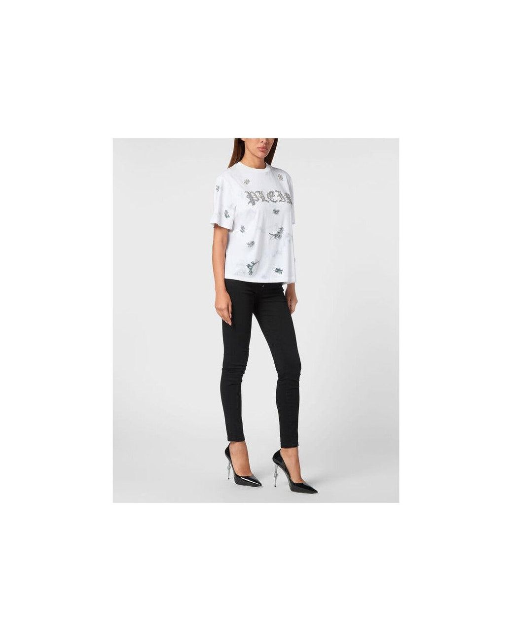 Philipp Plein White T-Shirt Round Neck Ss Flowers