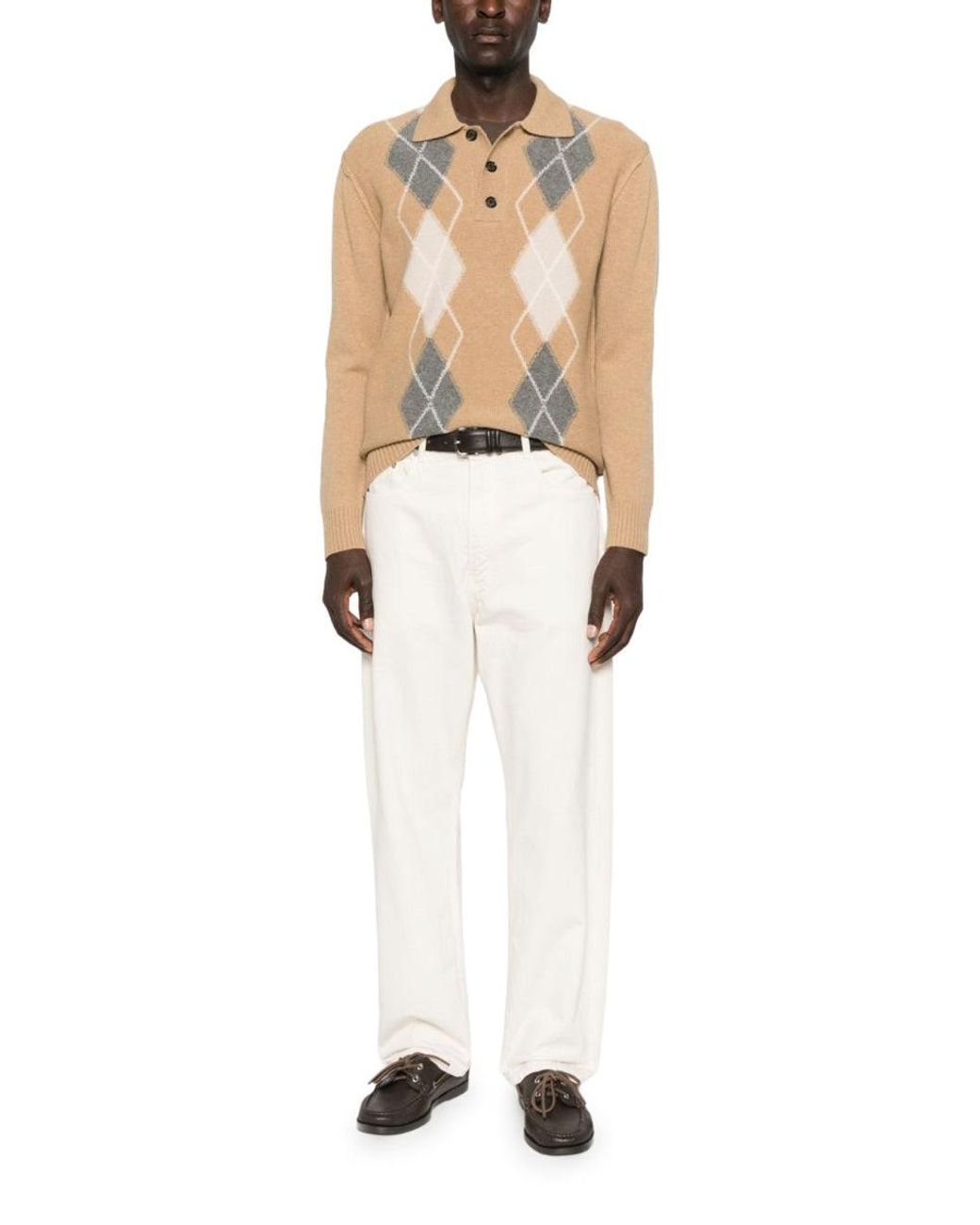 Paolo Pecora Natural Argyle Wool Knit Polo Sweater for men