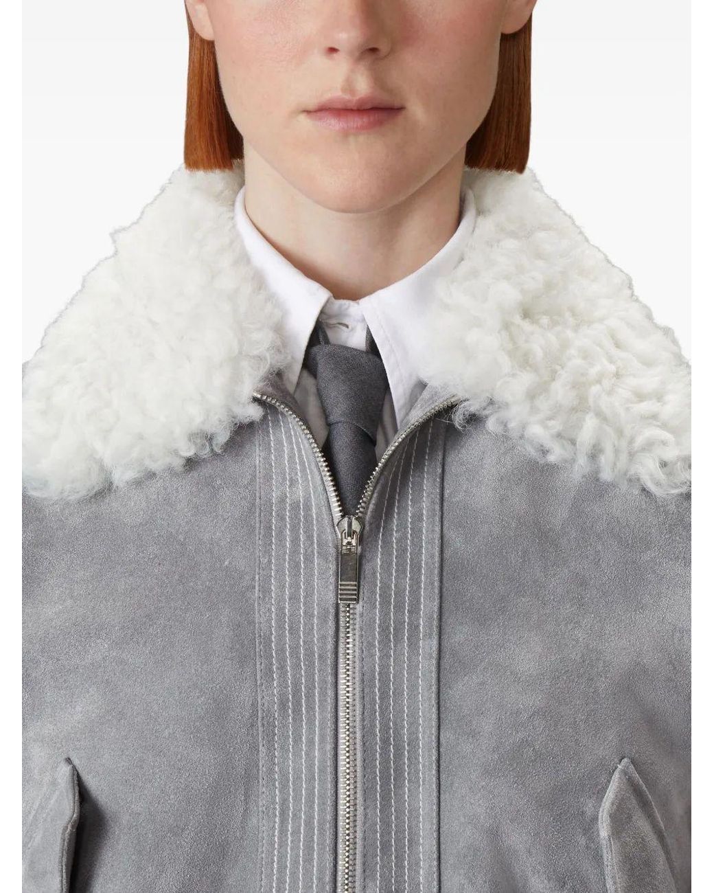 Thom Browne Gray Cropped Flight Jacket W/ Shearling Collar