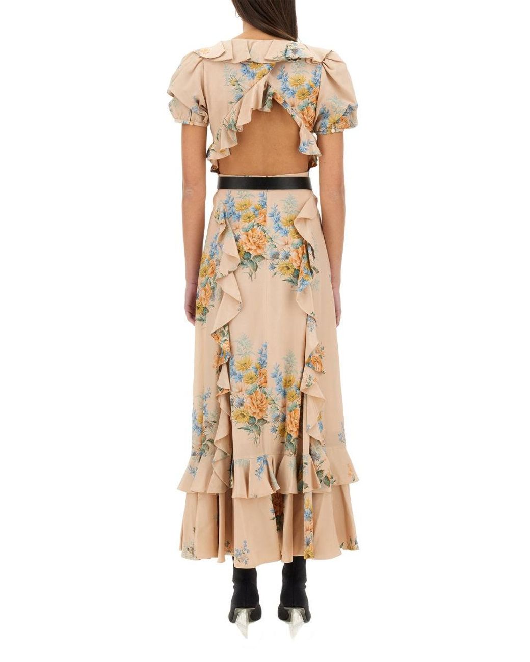 McQueen Metallic Floral Print Ruched Silk Dress