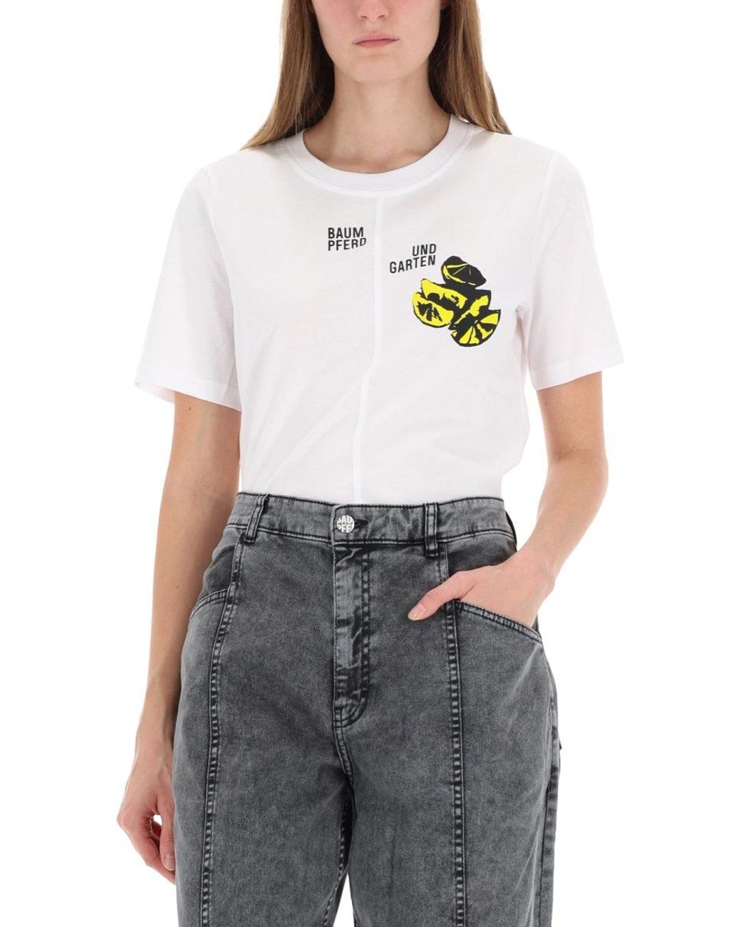 Baum und Pferdgarten White Asymmetrical "jawos" T-shirt