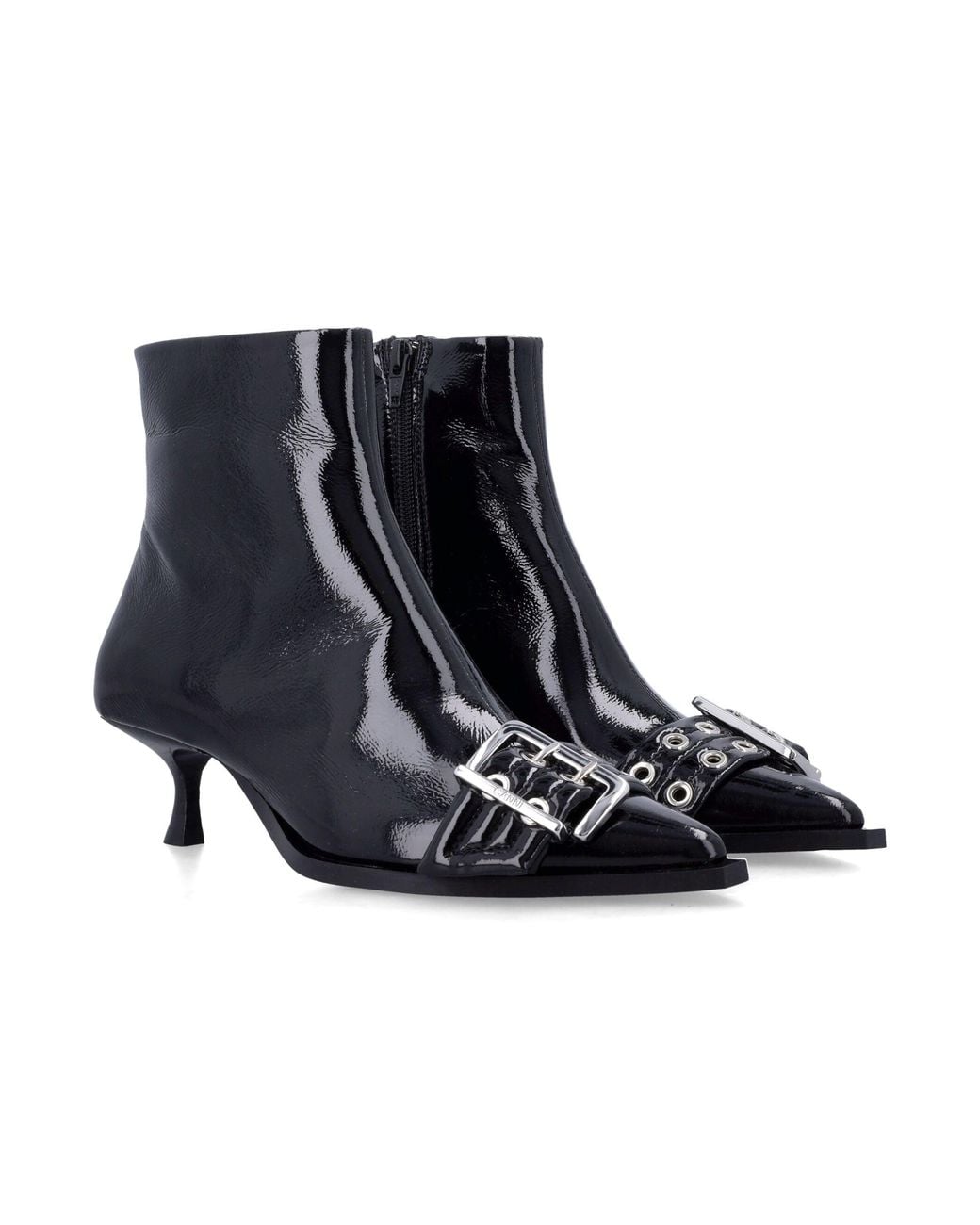 Ganni Black Inspired Patent Leather Ankle Boots With Oversized-Tone Buckle