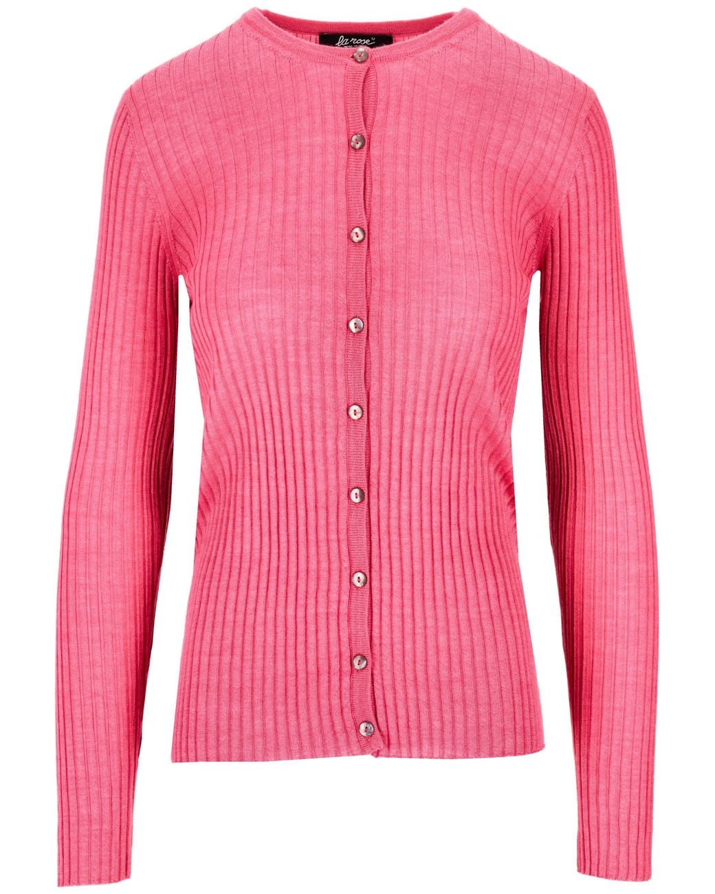 LA ROSE Pink Cash/Silk Ribs R Neck Cardigan
