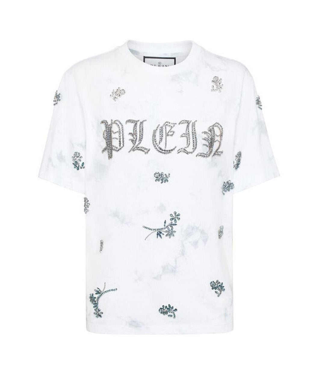 Philipp Plein White T-Shirt Round Neck Ss Flowers