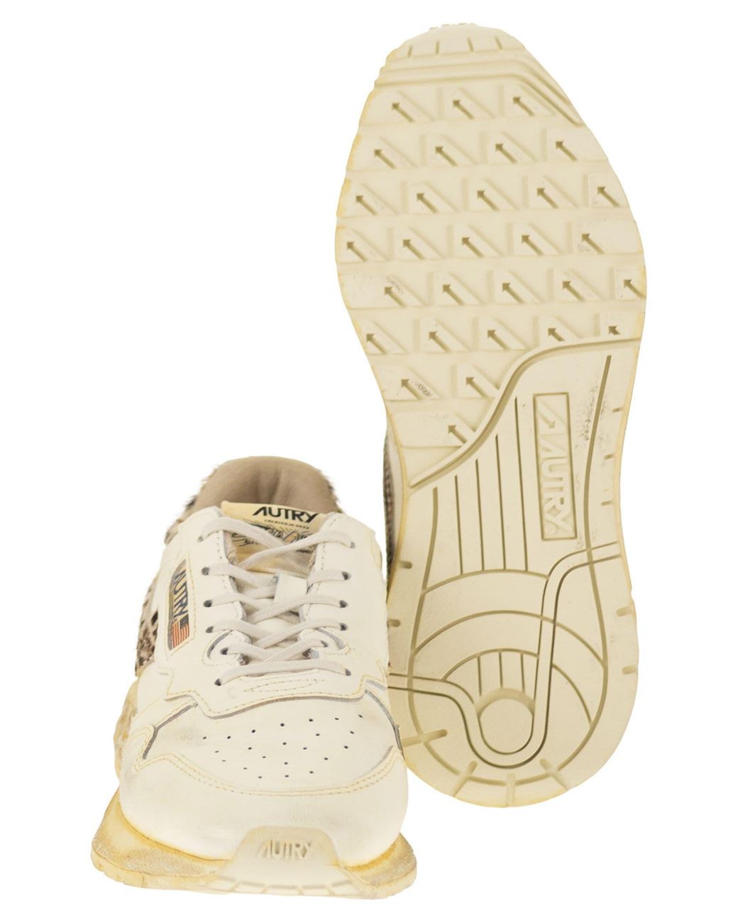 Autry Natural Reelwind Leather Trainers With Genuine Animal Print Haircalf Details